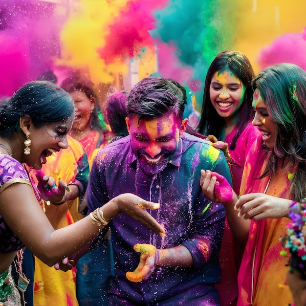 Indian peoples throwing colored Holi powder