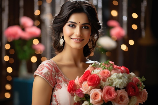 Indian pretty bride holding flower bouquet or bunch wears red saree and jewellery