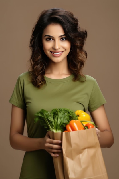 Indian pretty woman holding Fresh Vegetables and grocery in paper bag