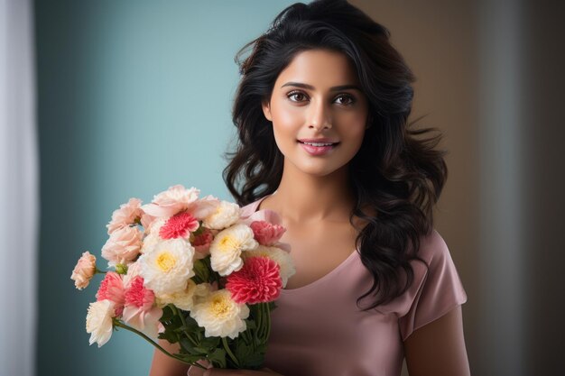 Indian Pretty young woman holding flower bouquet wil happy expressions