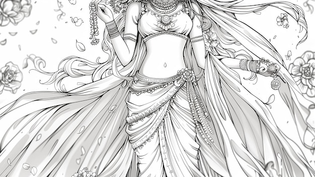 Indian Princess Coloring Page with Lehenga and Jewelry Full Body Thick Lines