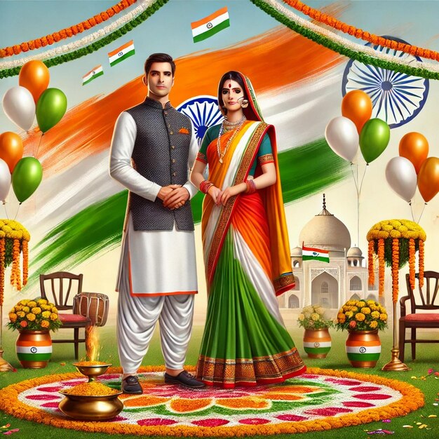 Photo indian republic day celebration digital art with man and woman