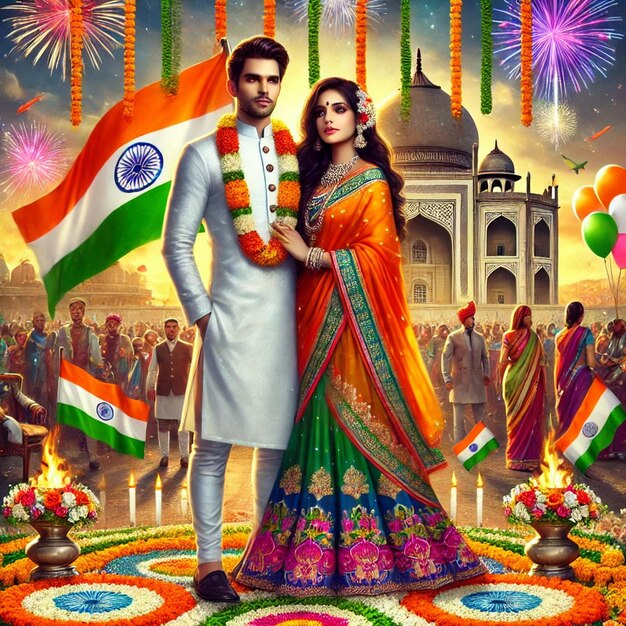 Indian republic day celebration digital art with man and woman