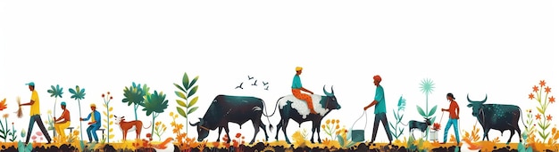 Photo indian rural life illustration showcasing farmers cattle and lively nature