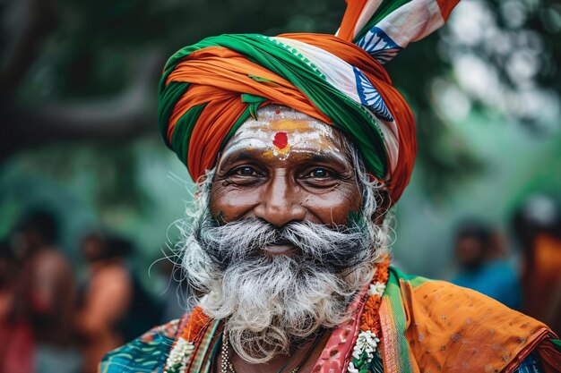 Indian sadhu smiling with a big white beard and indian flag colors on his turban during a ceremony