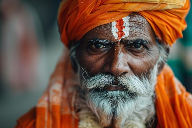 Indian sadhu with orange turban and forehead tilaka in portrait