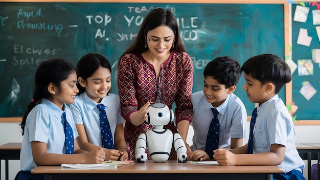 Indian school students and teacher learning with a robot are standing in front of each other