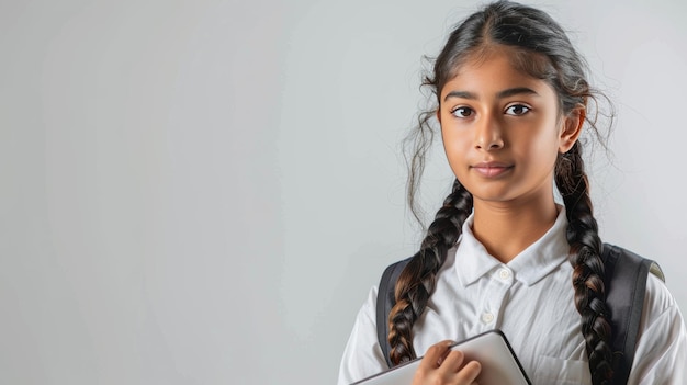 Photo indian schoolgirl wearing her school uniform is holding a laptop in front of her