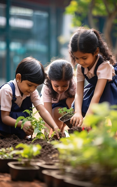 Indian schoolgirls doing gardening in the school garden back to school concept