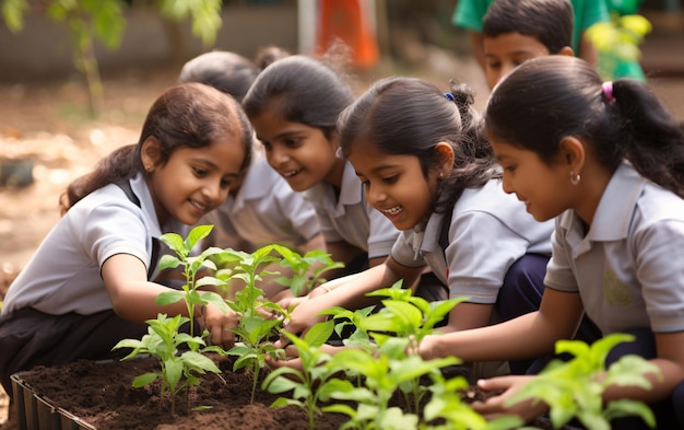 Indian schoolgirls doing gardening in the school garden back to school concept