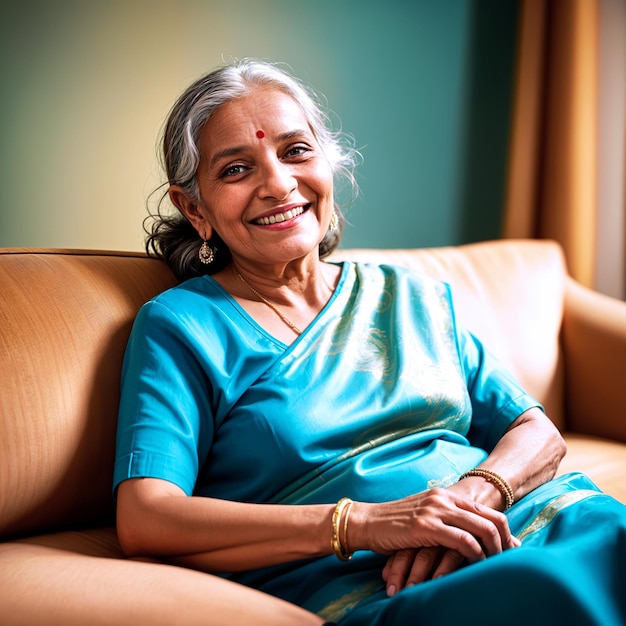 A Indian Senior Citizen woman with a blue dress is sitting on a couch