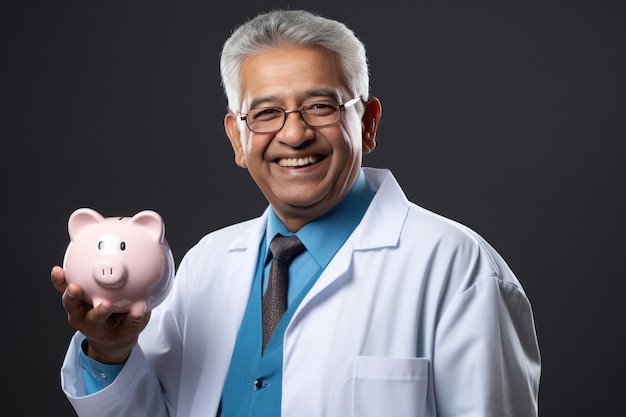 Indian senior medical doctor holding piggy bank