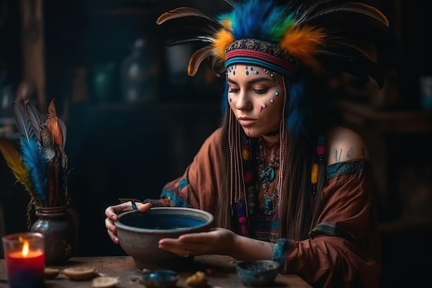 Indian shaman woman adorned with colorful feathers who appears to be deeply inspired and engaged in an ayahuasca ceremony Generative AI