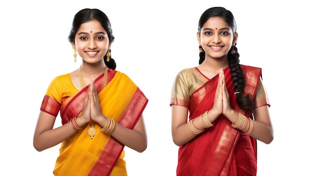 Indian Sisters in Festive Attire on White Background