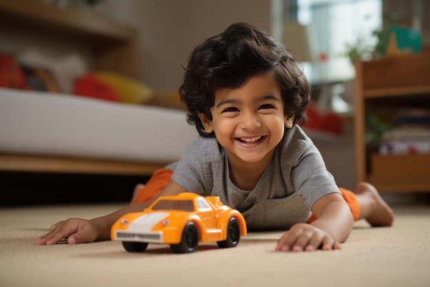 Indian small kid playing with toy car at home happy expressions