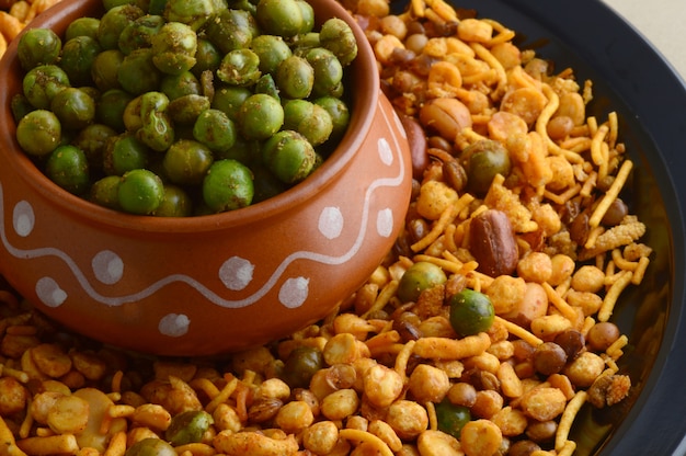 Indian Snack : Mixture and Spiced fried green peas {chatpata matar}.