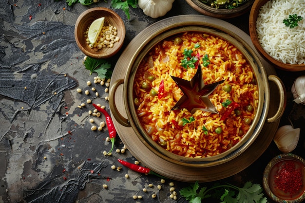 Photo indian spiced rice dish in a brass bowl