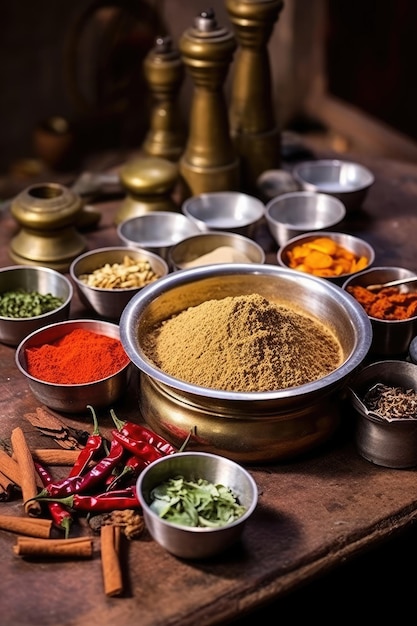 Indian spices on rustic wooden table with tomatoes garlic and ginger