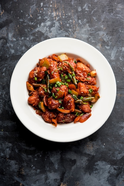 Indian Starter Chilli chicken, served in a plate