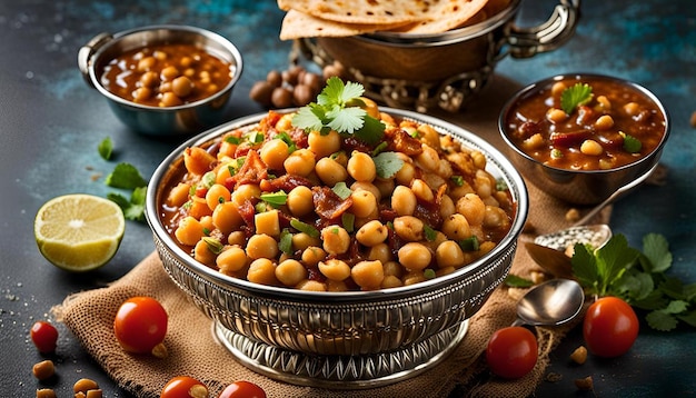 Indian street breakfast chana chaat also know as chana masala chola chana chaat