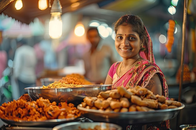 Indian Street Food Seller Woman with a Bokeh Style Background