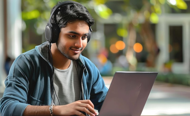 An Indian student working on a laptop with headphones AI Generated