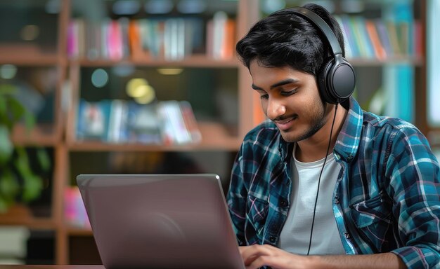 An Indian student working on a laptop with headphones AI Generated