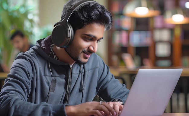 An Indian student working on a laptop with headphones AI Generated