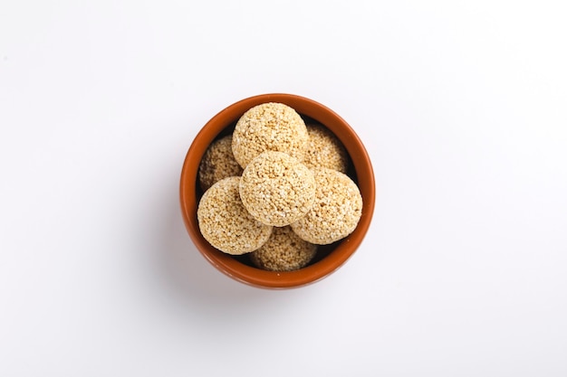 Indian sweet for traditional festival makar sankranti :Rajgira laddu made from Amaranth seed in Bowl