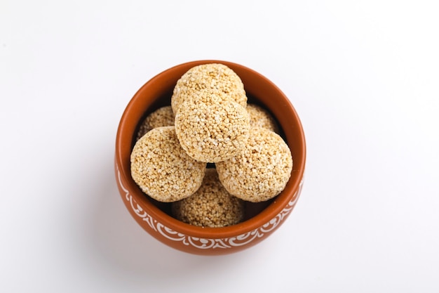 Indian sweet for traditional festival makar sankranti :Rajgira laddu made from Amaranth seed in Bowl