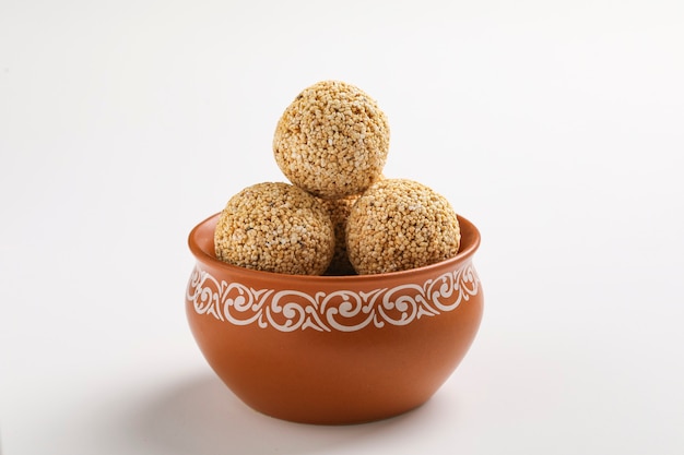 Indian sweet for traditional festival makar sankranti :Rajgira laddu made from Amaranth seed in Bowl