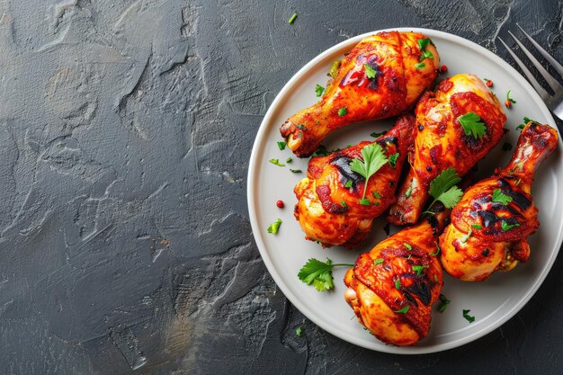 Indian tandoori chicken on dark stone plate top view