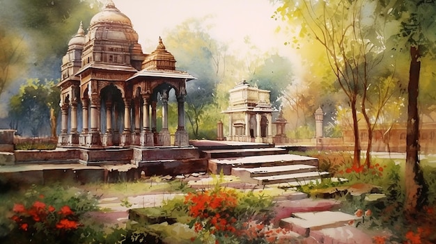 Indian temple and garden watercolor painting village illustration picture Ai generated art