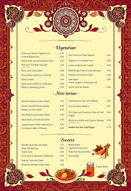 Indian Thali Menu With Intricate Paisley and Mandala Patterns and Menu Layout Idea For Brand Design