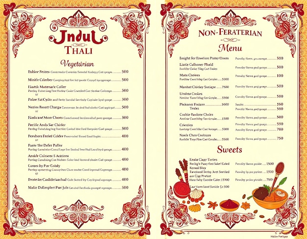 Indian Thali Menu With Intricate Paisley and Mandala Patterns and Menu Layout Idea For Brand Design