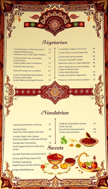 Photo indian thali menu with intricate paisley and mandala patterns and menu layout idea for brand design