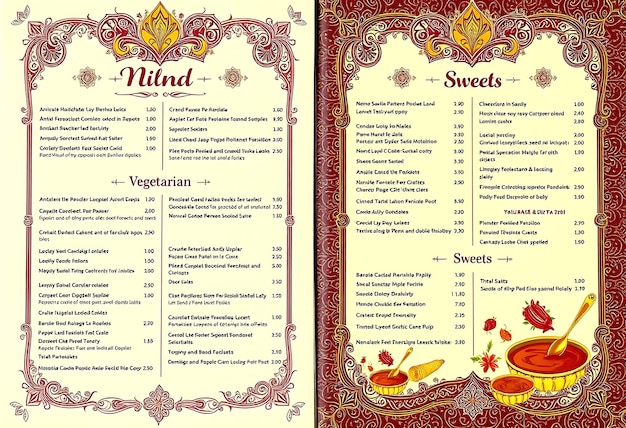 Indian Thali Menu With Intricate Paisley and Mandala Patterns and Menu Layout Idea For Brand Design