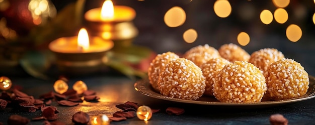 Indian Traditional Diwali sweets Motichoor laddoo Happy Diwali festive atmosphere place for text