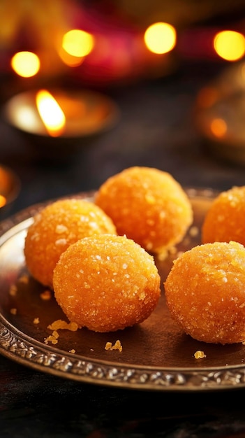 Indian Traditional Diwali sweets Motichoor laddoo Happy Diwali festive atmosphere place for text