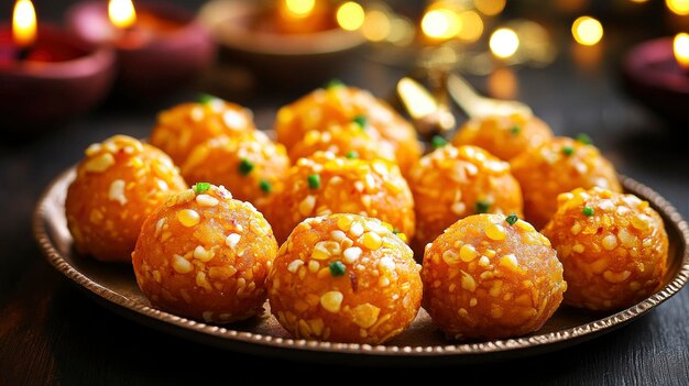 Photo indian traditional diwali sweets motichoor laddoo happy diwali festive atmosphere place for text