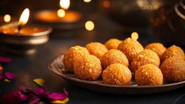 Indian Traditional Diwali sweets Motichoor laddoo Happy Diwali festive atmosphere place for text