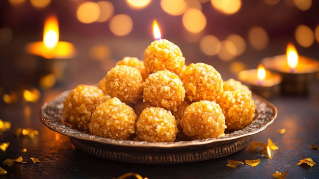 Indian Traditional Diwali sweets Motichoor laddoo Happy Diwali festive atmosphere