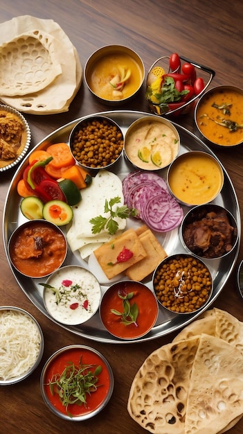 Photo indian veg rajasthani thali food platter consists variety of veggies lentils sweet dish snacks etc