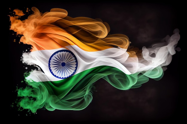 Indian wavy flag made of smoke on dark background generative AI