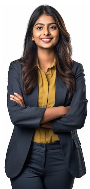 An Indian woman in a black blazer stands with her arms crossed