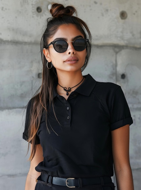 Indian woman in black polo and sunglasses against textured wall