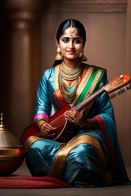 A Indian woman in a blue sari plays a guitar