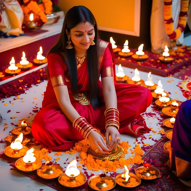 Photo indian woman celebrating diwali with candles festival of lights scene photo