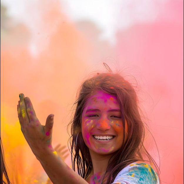 Photo indian woman celebrating holi festival with holi colorful powder