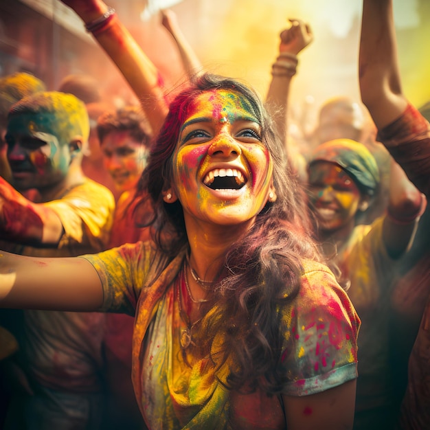 Indian woman celebrating Holi festival with Holi colorful powder